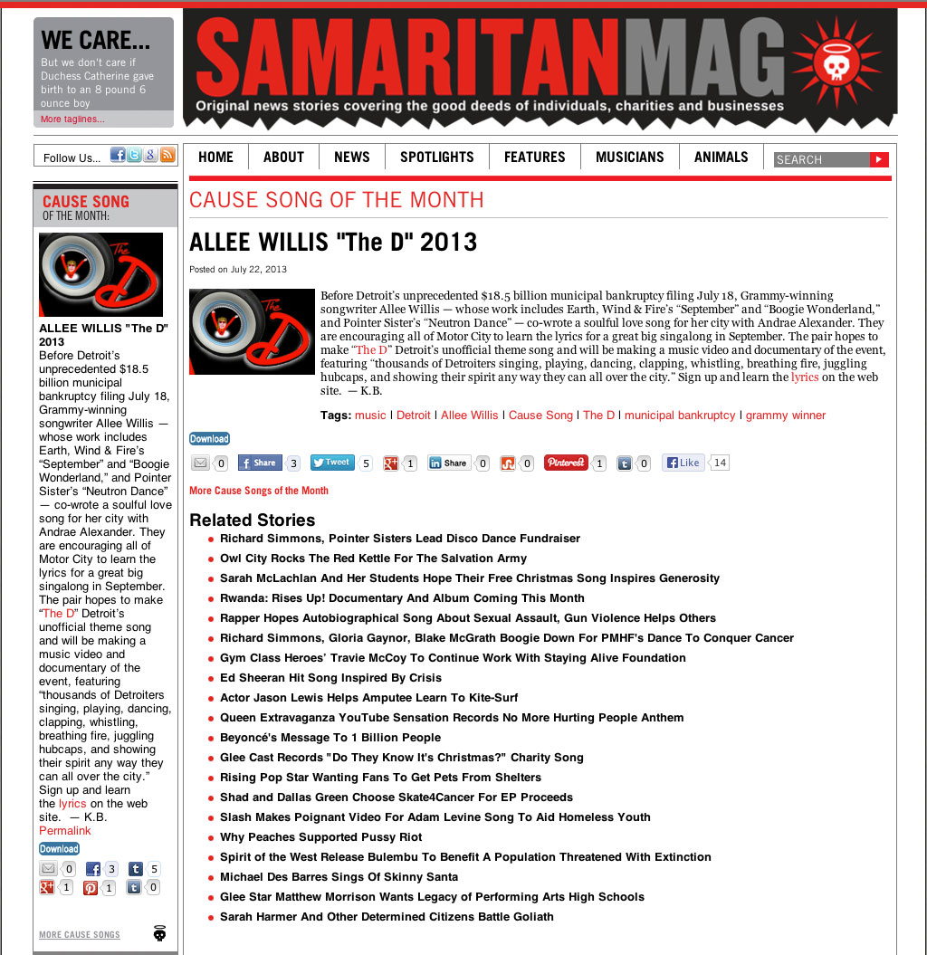 Cause Song Of The Month - Allee Willis "The D" 2013 (SamaritanMag, July 22, 2013)