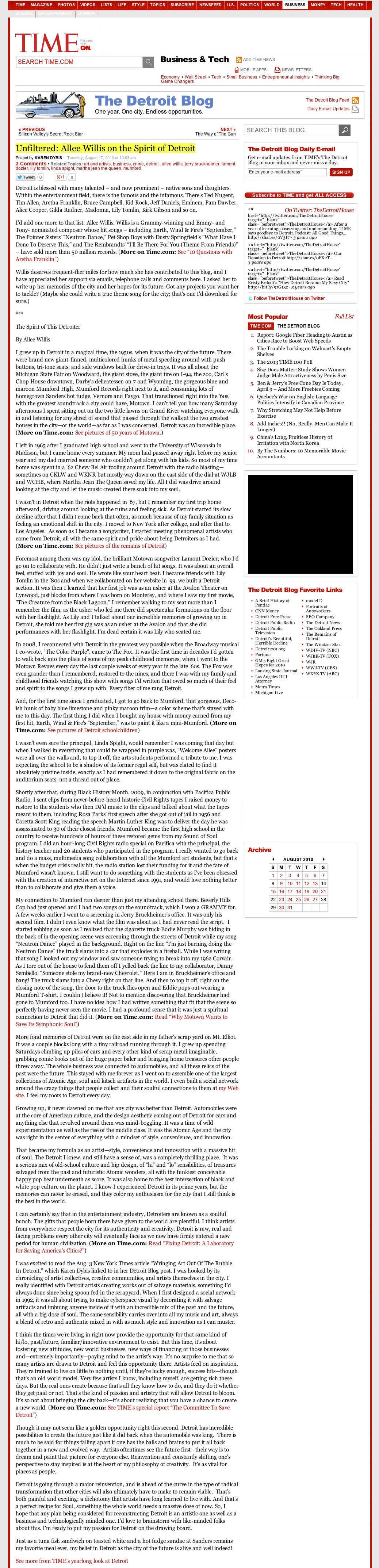 Unfiltered: Allee Willis on the Spirit of Detroit (Time Magazine 8/17/10)