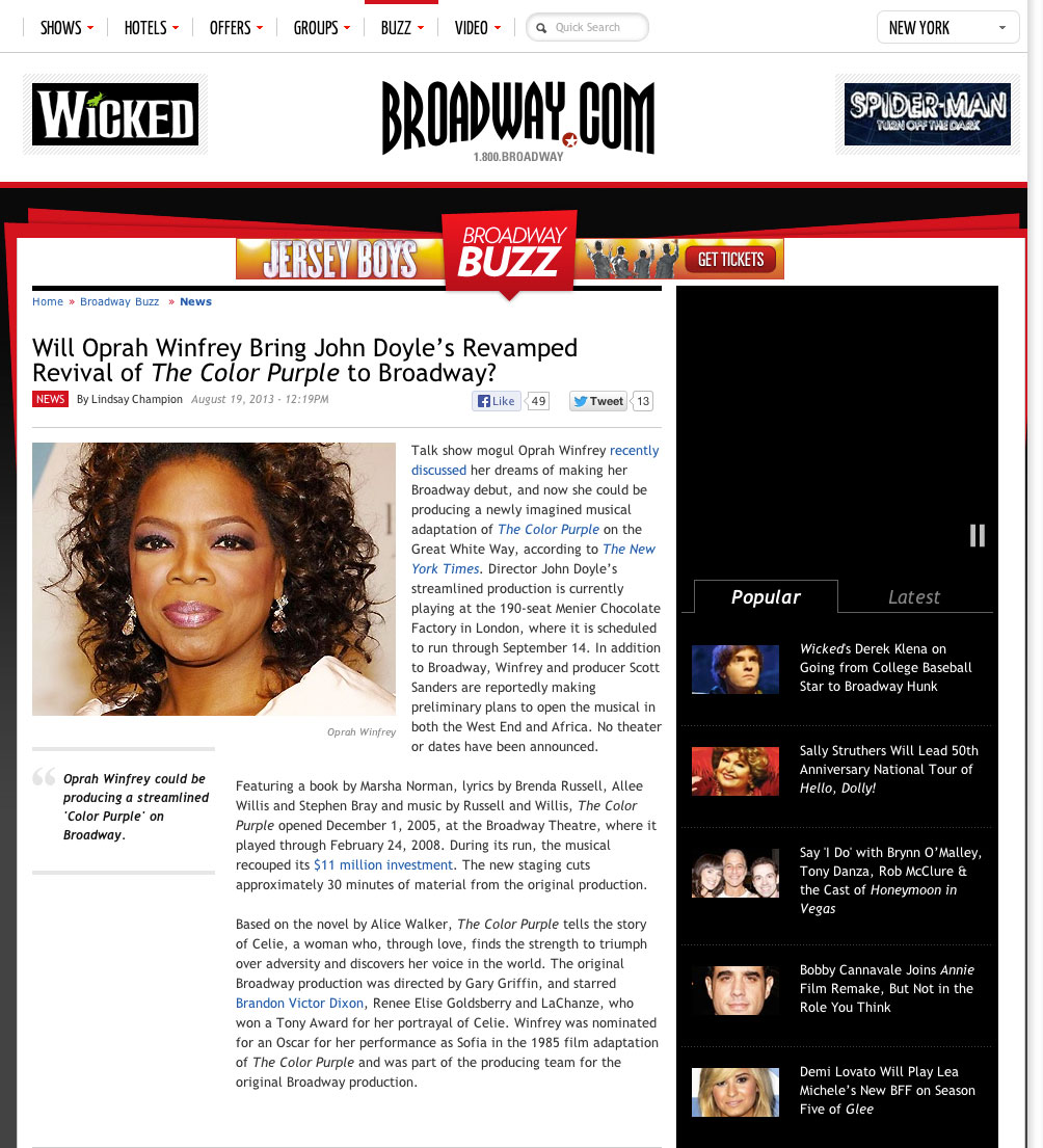 "Will Oprah Winfrey Bring John Doyle's Revamped Revival of The Color Purple to Broadway?", (broadway.com, August 19, 2013
