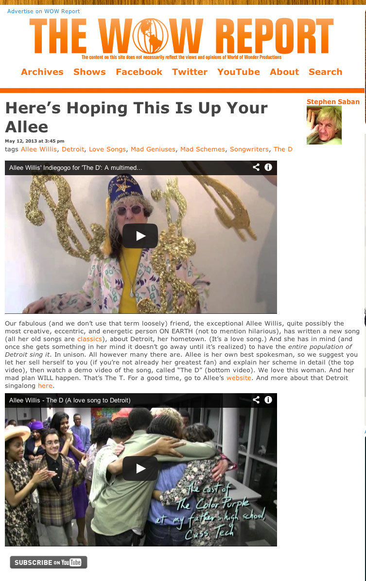 "Here's Hoping This Is Up Your Allee", (The WOW Report, May 12, 2013) 