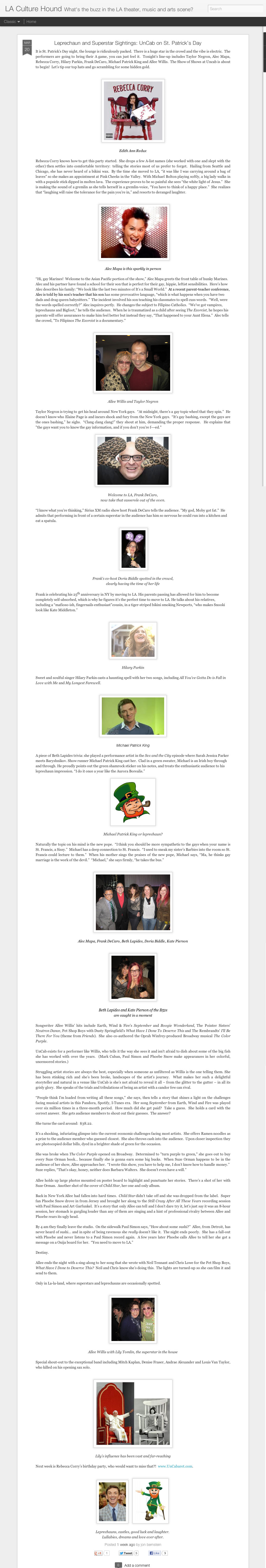 Leprechaun and Superstar Sightings: UnCab on St. Patrick's Day, (LA Culture Hound, March 20, 2013)